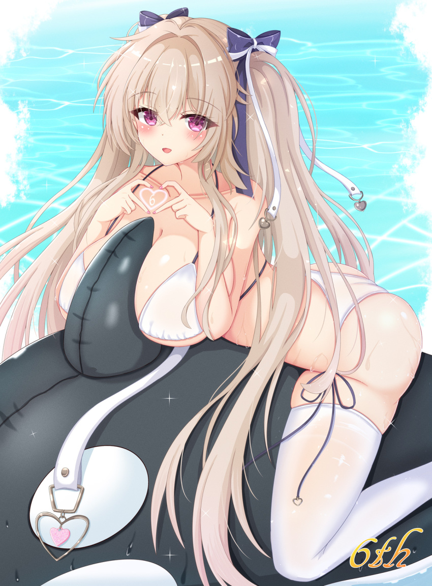 1girl anchorage_(azur_lane) anchorage_(dolphins_and_swim_lessons)_(azur_lane) azur_lane between_breasts bikini breasts brown_hair cleavage collarbone commentary_request crossed_bangs hair_between_eyes hair_ribbon heart heart_hands highres inflatable_dolphin inflatable_toy large_breasts long_hair looking_at_viewer nao_(naobinarydigit) ocean pink_eyes ribbon smile solo straddling swimsuit thighhighs very_long_hair wet white_bikini white_thighhighs