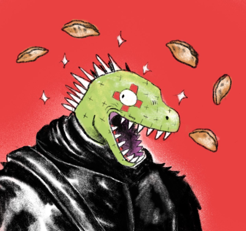 ambiguous_gender anthro clothed clothing dorohedoro food green_body kaiman_(dorohedoro) open_mouth open_smile plastiboo scalie sharp_teeth smile solo sparkles spikes spikes_(anatomy) teeth