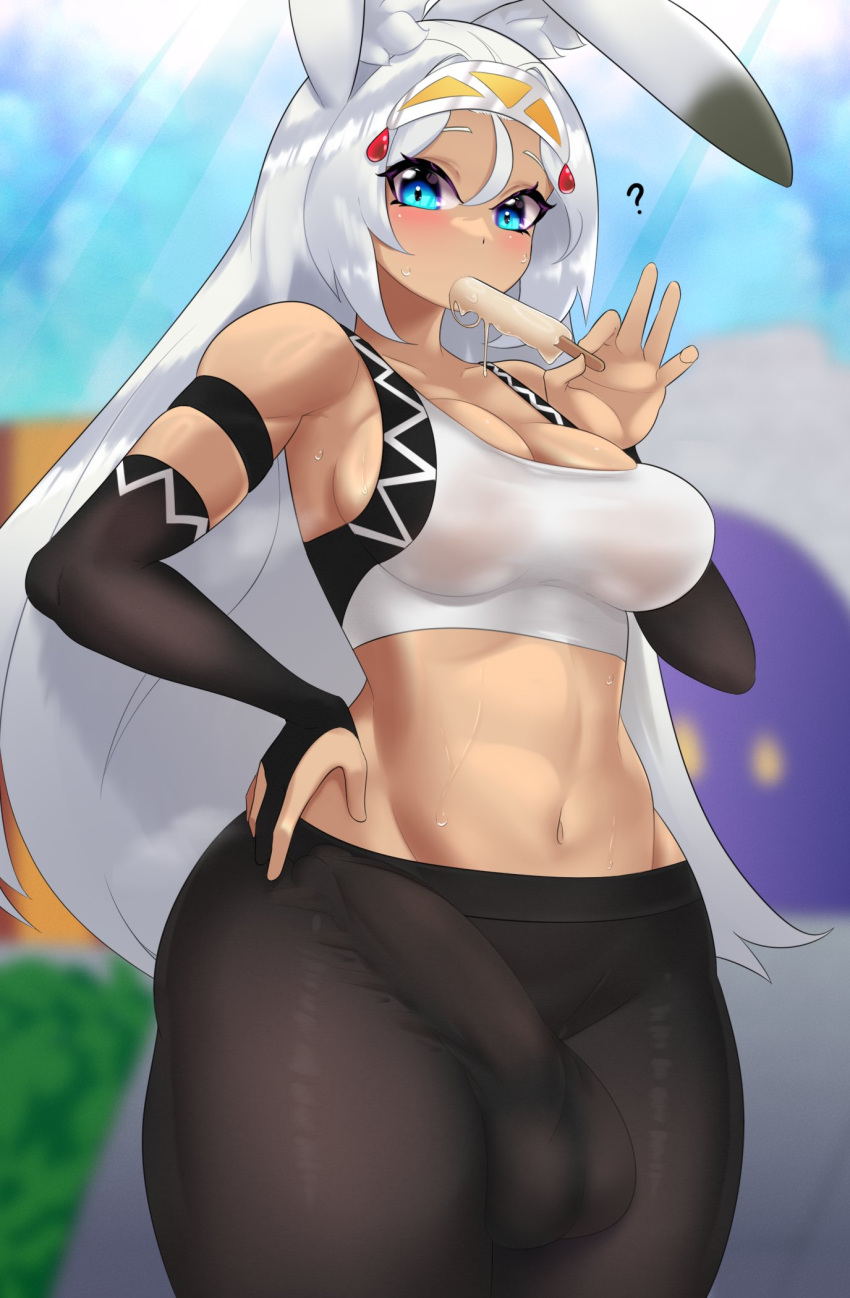 animal_humanoid balls big_balls big_breasts big_penis blue_eyes blush breasts bulge cleavage clothed clothing cygames dragalia_lost eating food genitals gynomorph hair hand_on_hip hi_res huge_thighs humanoid intersex kt80 lagomorph lagomorph_humanoid leporid_humanoid mammal mammal_humanoid midriff navel nintendo penis popsicle question_mark rabbit_humanoid side_boob solo standing thick_thighs translucent translucent_clothing unknown_character white_hair wide_hips