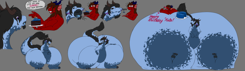 anthro big_butt birthday blue_body blue_scales butt butt_expansion cake dessert dragon duo expansion female feral food hi_res huge_butt hyper hyper_butt male male/female red_body red_scales rykuta scales speech_bubble telia teliars643