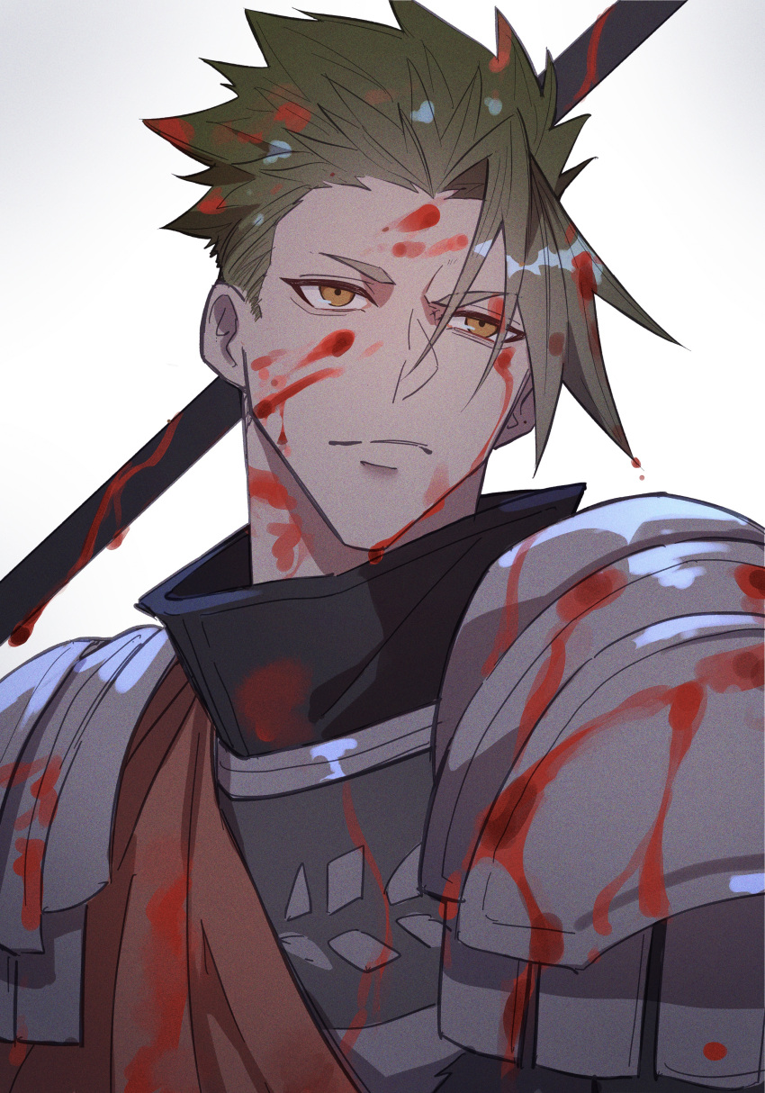 1boy absurdres achilles_(fate) armor blood blood_on_clothes blood_on_face blood_on_weapon closed_mouth fate/apocrypha fate_(series) green_hair haruakira highres looking_to_the_side male_focus orange_eyes orange_sash polearm short_hair shoulder_armor simple_background solo undercut upper_body weapon white_background