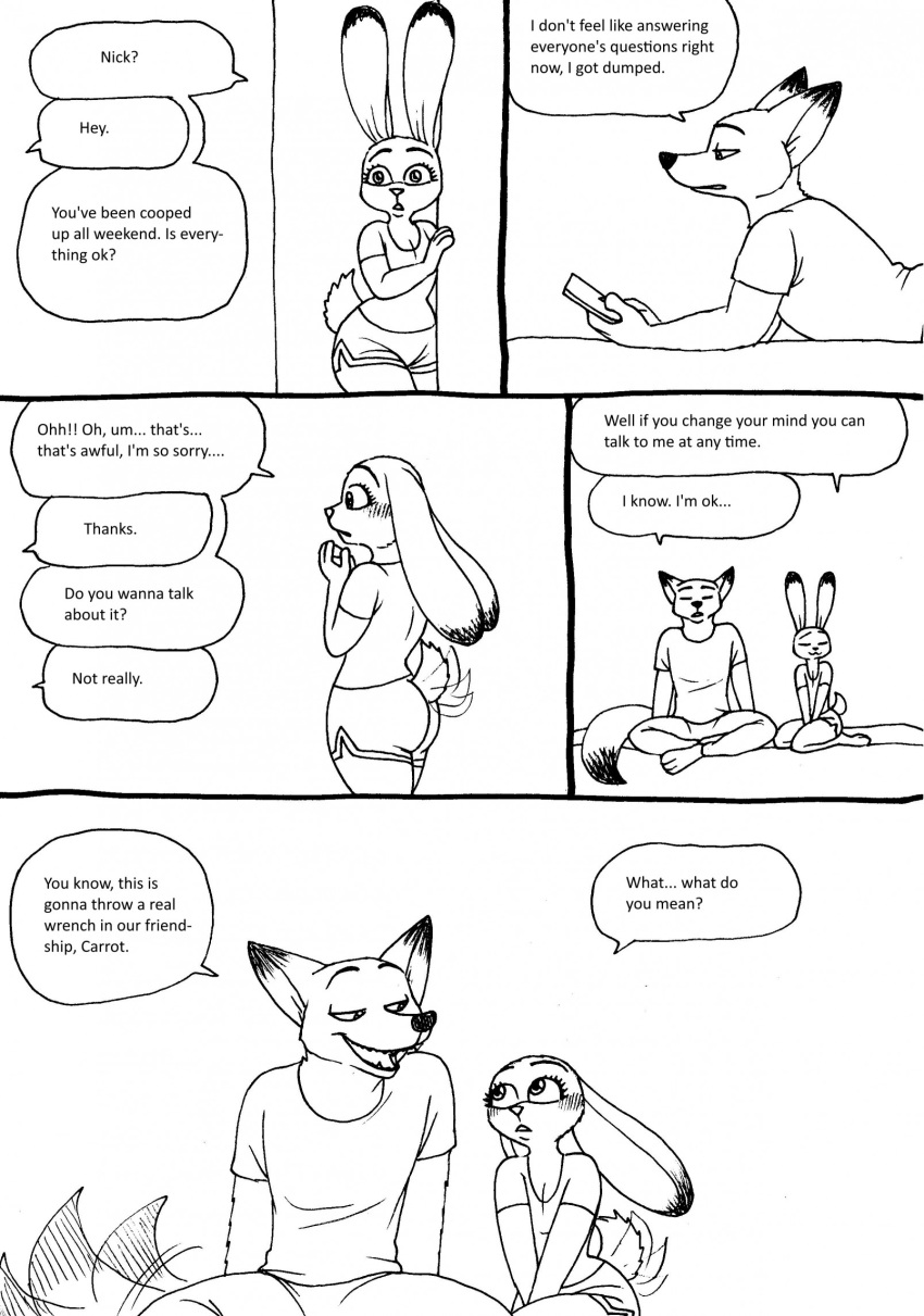 2023 4_toes 5_fingers anthro barefoot bernielover bernielover's_college_au blush breasts canid canine claws clothed clothing comic dialogue disney duo english_text fangs feet female finger_claws fingers fox fur hi_res judy_hopps lagomorph leporid male male/female mammal monochrome nick_wilde rabbit shirt smile speech_bubble t-shirt tail tail_motion tailwag teeth text toes topwear zootopia