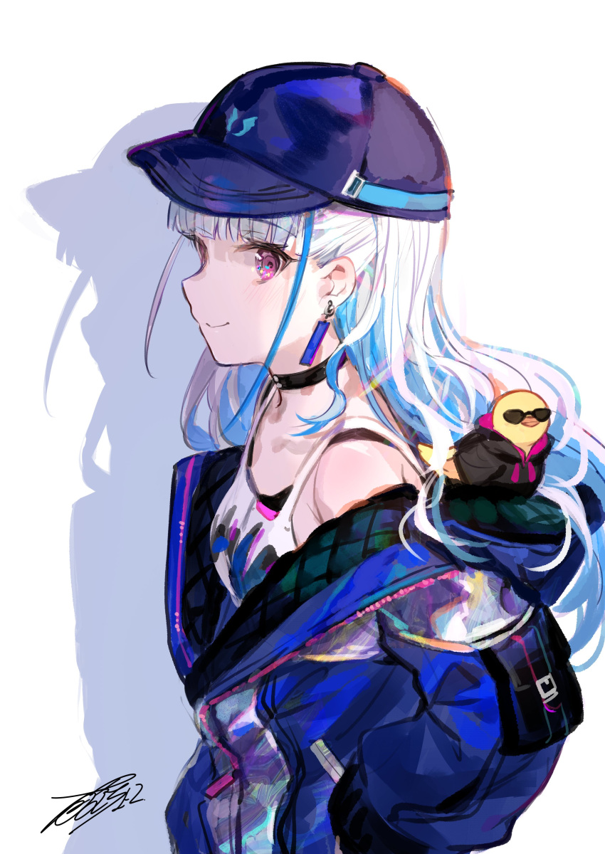 1girl absurdres aqua_hair baseball_cap black_choker blue_headwear blue_jacket choker colored_inner_hair earrings from_side fuzichoco hat highres jacket jewelry lize_helesta long_hair multicolored_hair nijisanji off_shoulder purple_eyes sebastian_piyodore shadow signature simple_background smile solo streaked_hair sunglasses tank_top virtual_youtuber white_background white_hair white_tank_top wing_print