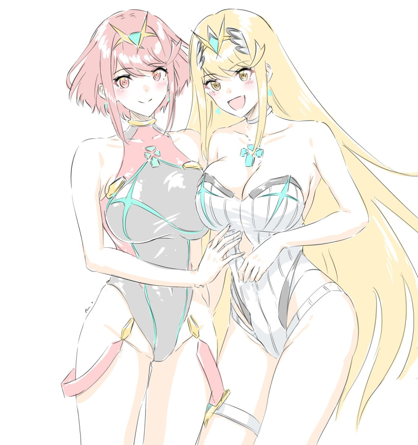 2girls bare_shoulders blush breasts chest_jewel choker cleavage closed_mouth collarbone highleg highres large_breasts long_hair looking_at_viewer mitsugu multiple_girls mythra_(radiant_beach)_(xenoblade) mythra_(xenoblade) official_alternate_costume one-piece_swimsuit open_mouth pyra_(pro_swimmer)_(xenoblade) pyra_(xenoblade) red_eyes red_hair ribbed_swimsuit short_hair simple_background smile strapless strapless_swimsuit striped striped_one-piece_swimsuit swimsuit thighs tiara vertical-striped_one-piece_swimsuit vertical_stripes white_background xenoblade_chronicles_(series) xenoblade_chronicles_2 yellow_eyes