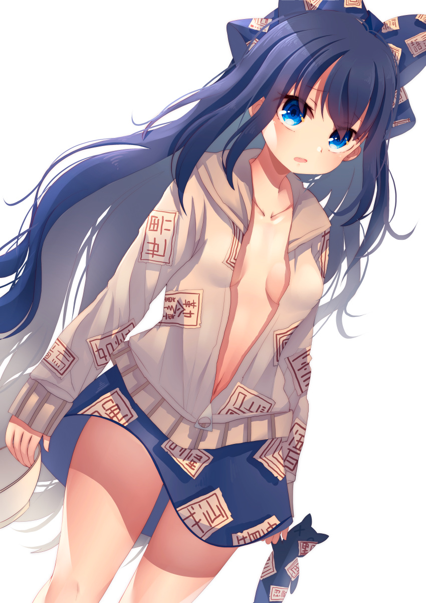 1girl absurdres blue_eyes blue_hair blue_skirt blush bow breasts breasts_apart collarbone commentary debt dutch_angle feet_out_of_frame grey_hoodie hair_between_eyes hair_bow highres hood hood_down hoodie long_hair looking_at_viewer medium_bangs miniskirt no_bra open_mouth penglai_tea simple_background skirt small_breasts solo stuffed_animal stuffed_cat stuffed_toy touhou unzipped very_long_hair wavy_hair white_background yorigami_shion zipper