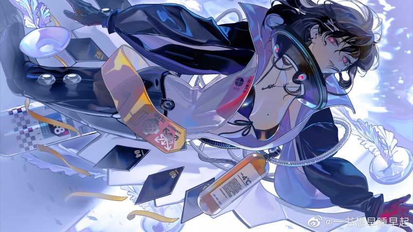 1girl bikini bikini_top_only black_bikini breasts brown_hair closed_mouth collar commentary_request diving_suit ear_piercing expressionless feet_out_of_frame fish girls'_frontline girls'_frontline_neural_cloud gloves hair_ornament hairclip hatsuchiri_(girls'_frontline_nc) highres jellyfish jewelry key_necklace looking_at_viewer lorem_ipsum medium_breasts metal_collar mole mole_on_breast necklace open_clothes open_wetsuit oxygen_tank piercing red_eyes solo submerged swimsuit underwear watch weibo_username wristwatch yi_shu_xiang_zao_shui_zaoqi