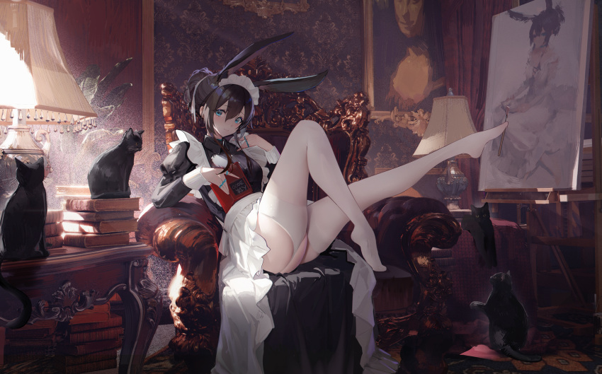 1girl alternate_costume amiya_(arknights) animal_ears apron arknights armchair ass barefoot bed black_cat black_dress black_hair blue_eyes blush book book_stack braid breasts brown_hair cat chair closed_mouth couch cup curtains dress enmaided extra_ears feet full_body garter_straps gloves hair_between_eyes hair_ornament hairband headwear_request high_heels highres holding indoors jewelry juliet_sleeves lamp legs lingerie long_hair long_sleeves looking_at_viewer maid maid_headdress no_shoes omone_hokoma_agm panties picture_frame pillow plant potted_plant puffy_sleeves rabbit_ears shoes sidelocks sitting skirt solo thighhighs thighs underwear white_apron white_dress white_panties white_thighhighs window