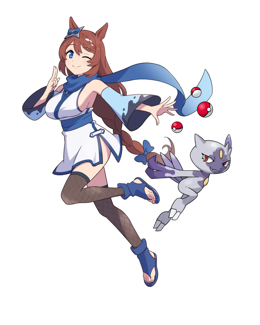 1girl ;) absurdres animal_ears bare_shoulders blue_bow blue_eyes blue_footwear blue_scarf blue_sleeves bow braid breasts brown_hair brown_thighhighs closed_mouth commentary_request crossover detached_sleeves fishnet_thighhighs fishnets hair_between_eyes hair_bow highres hisuian_sneasel horse_ears japanese_clothes kimono large_breasts long_hair long_sleeves no_tail one_eye_closed poke_ball poke_ball_(basic) pokemon pokemon_(creature) red_eyes scarf sideboob simple_background single_braid sleeveless sleeveless_kimono smile stirrup_footwear super_creek_(umamusume) thighhighs umamusume very_long_hair white_background white_kimono wide_sleeves yasa_hattori