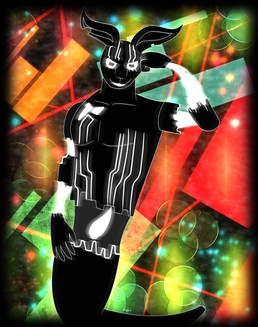 abstract_background animal_genitalia anthro black_body buckteeth cybernetic_arm cybernetic_limb digital_media_(artwork) erection five_nights_at_freddy's five_nights_at_freddy's:_security_breach genitals glowing glowing_eyes glowing_genitalia glowing_penis hand_on_head hand_on_hip hi_res lagomorph leporid looking_at_viewer machine male mammal neon nude penis rabbit scottgames seiune simple_background slit smile solo solo_focus standing steel_wool_studios teeth the_entity_(fnaf)
