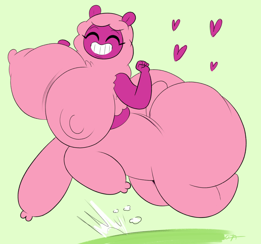 &lt;3 alpaca alpaca_taur areola_outline big_breasts big_butt breasts butt camelid camelid_taur centaurworld eyes_closed female fur hi_res huge_breasts huge_butt mammal mammal_taur netflix nipple_outline ota_(artist) pink_body pink_fur pink_wool prancing purple_body smile solo taur wammawink wool_(fur)