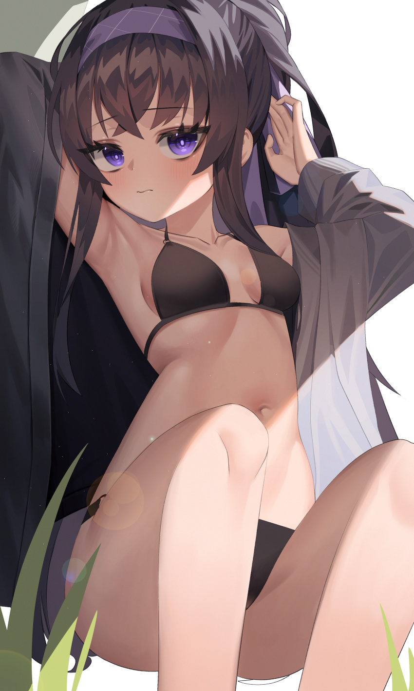 1girl absurdres armpits arms_up bags_under_eyes bikini black_bikini black_hair blue_archive blue_eyes blush breasts collarbone gimseol grass hairband highres long_hair long_sleeves navel o-ring o-ring_bikini off_shoulder purple_hairband simple_background sitting small_breasts solo stomach swimsuit swimsuit_cover-up ui_(blue_archive) white_background