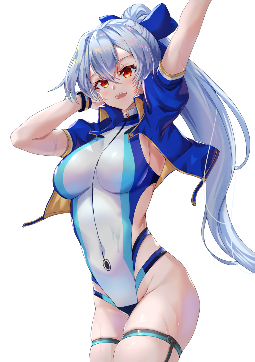 1girl absurdres arm_up blue_bow blue_jacket blue_one-piece_swimsuit blush bow breasts fate/grand_order fate_(series) groin hair_between_eyes hair_bow highleg highleg_swimsuit highres jacket large_breasts long_hair looking_at_viewer multicolored_clothes multicolored_swimsuit one-piece_swimsuit open_clothes open_jacket open_mouth outstretched_arm ponytail red_eyes short_sleeves sideboob simple_background skindentation smile solo swimsuit thigh_strap thighs tomoe_gozen_(fate) tomoe_gozen_(swimsuit_saber)_(fate) tomoe_gozen_(swimsuit_saber)_(first_ascension)_(fate) turtleneck_swimsuit two-tone_swimsuit wet wet_clothes wet_swimsuit white_background white_hair white_one-piece_swimsuit yahan_(mctr5253)