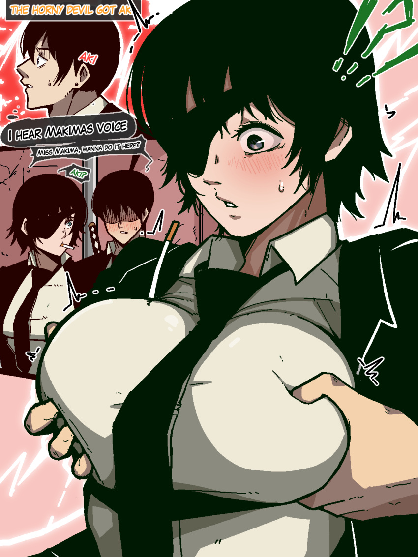 !? 1boy 1girl black_hair black_jacket blush breast_grab breasts chainsaw_man cigarette collared_shirt english_text eyepatch grabbing grabbing_from_behind groping hayakawa_aki highres himeno_(chainsaw_man) jacket large_breasts mark_gavatino mind_control misunderstanding necktie shirt short_hair speech_bubble surprised sword sword_on_back weapon weapon_on_back white_shirt wing_collar