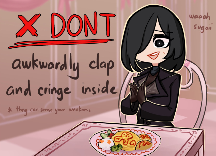 1girl black_eyes black_hair centurii-chan_(artist) chair clapping english_commentary english_text food gloves hair_over_one_eye highres omelet omurice open_mouth original suit sweat table