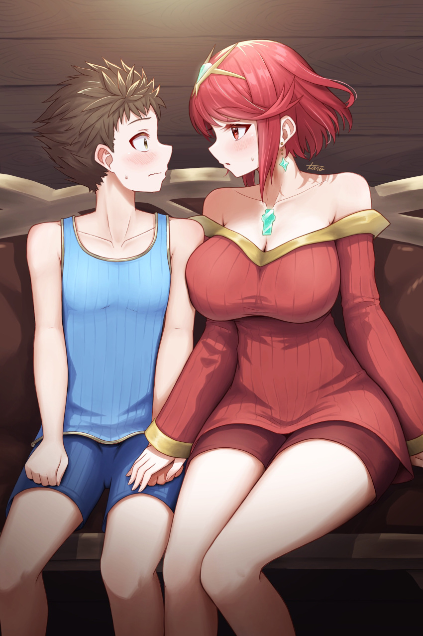 1boy 1girl absurdres blush breast_press breasts brown_hair chest_jewel couple earrings eye_contact face-to-face gem headpiece hetero highres imminent_kiss jewelry large_breasts looking_at_another pyra_(xenoblade) red_eyes red_hair rex_(xenoblade) short_hair shorts sweatdrop swept_bangs taro_(peach_taro51) tiara xenoblade_chronicles_(series) xenoblade_chronicles_2