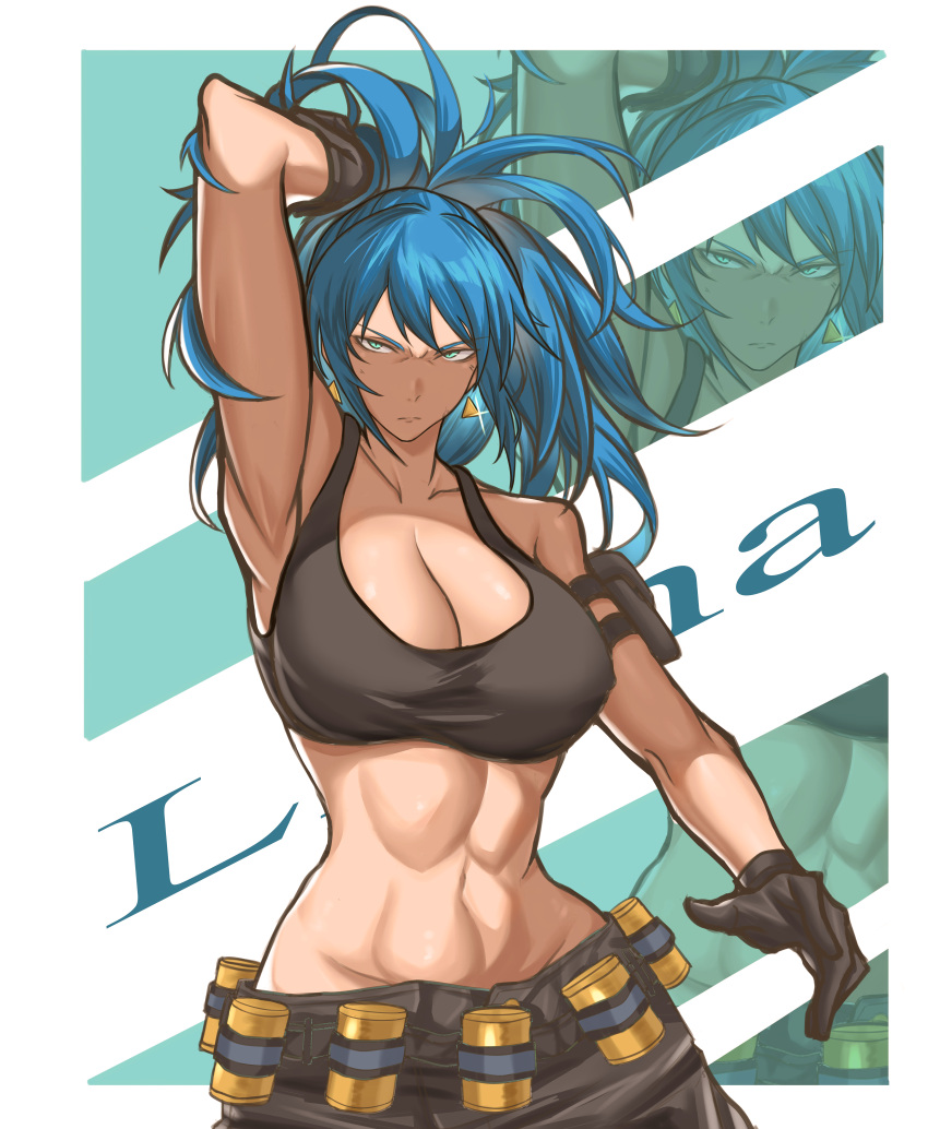 1girl abs absurdres arm_pouch biceps black_gloves blue_eyes blue_hair breasts cargo_pants cleavage crop_top earrings gas_can gloves highres jewelry large_breasts leona_heidern long_hair looking_at_viewer midriff muscular muscular_female navel pants ponytail soldier solo tank_top the_king_of_fighters the_king_of_fighters_xiii triangle_earrings user_nynu4828