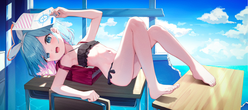 1girl arm_up armpits arona_(blue_archive) backpack bag bare_arms bare_legs bare_shoulders barefoot bikini black_bikini blue_archive blue_eyes blue_hair blue_sky bow_hairband braid chair cloud colored_inner_hair day desk feet flat_chest foot_out_of_frame frilled_bikini frills from_side hair_behind_ear hairband halo heart_halo highres holding holding_paper knees_up looking_at_viewer looking_to_the_side lying mannack multicolored_hair navel on_back open_mouth paper pink_hair randoseru red_bag red_halo school_chair school_desk shadow short_hair side-tie_bikini_bottom sky smile solo stomach string_bikini swept_bangs swimsuit teeth toes two-tone_hair upper_teeth_only variant_set white_hairband
