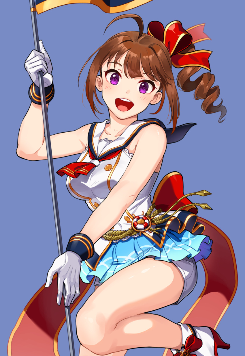 1girl :d ahoge ankle_boots back_bow blue_background blue_skirt boots bow brown_hair commentary drill_hair flag gloves hair_bow high_heel_boots high_heels highres holding holding_flag idol idolmaster idolmaster_million_live! kamille_(vcx68) large_bow legs_up medium_hair microskirt neckerchief open_mouth pleated_skirt purple_eyes red_bow red_neckerchief sailor_collar sailor_shirt shirt short_shorts shorts shorts_under_skirt side_drill side_ponytail sidelocks skirt sleeveless sleeveless_shirt smile solo standing standing_on_one_leg white_footwear white_gloves white_sailor_collar white_shirt white_shorts yokoyama_nao