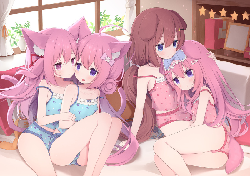4girls ahoge animal_ear_fluff animal_ears arashiya ass azur_lane blue_camisole blue_eyes blue_panties blue_socks bow breast_pillow breasts brown_hair camisole cat_ears cat_girl cat_tail commission commissioner_upload couch creator_connection cuddling curtains dog_ears dog_girl dog_tail dual_persona eye_mask fumizuki_(azur_lane) hair_bow hair_bun hair_ornament hairclip hand_on_another's_head hug hug_from_behind if_they_mated indie_virtual_youtuber indoors ips_cells kisaragi_(azur_lane) kneehighs knees_up long_hair low_twintails lying lying_on_person multiple_girls on_side one_side_up open_mouth panties petting pillow pink_camisole pink_eyes pink_hair pink_panties pink_socks print_camisole print_panties purple_eyes ribbon sitting skeb_commission small_breasts smile socks strap_slip striped striped_socks tail thighs twintails underwear underwear_only usagi_nono very_long_hair virtual_youtuber window