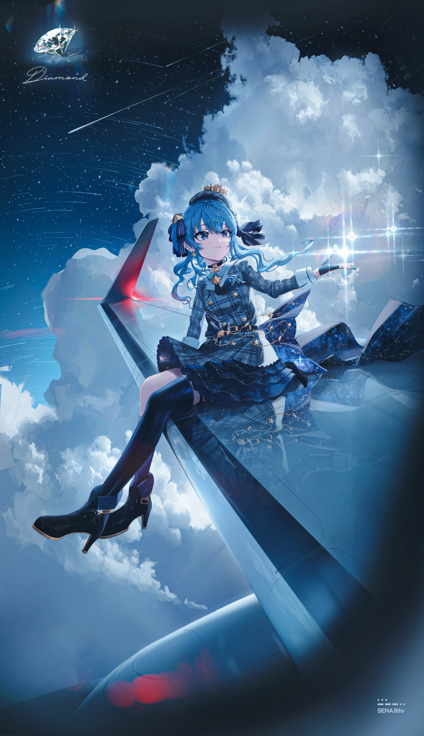 1girl absurdres aircraft airplane airplane_wing ascot asymmetrical_legwear belt beret black_choker blue_ascot blue_eyes blue_hair blurry brooch choker closed_mouth cloud crown depth_of_field diamond_(gemstone) dress earrings frills full_body gloves hat high_heels highres hololive hoshimachi_suisei jewelry kneehighs long_hair mini_crown night night_sky partially_fingerless_gloves plaid plaid_dress reflective_floor sena_8ito shooting_star side_ponytail sidelocks single_kneehigh single_sock single_thighhigh sitting sky socks solo sparkle star_(sky) star_(symbol) star_earrings starry_sky thighhighs through_window uneven_legwear virtual_youtuber wavy_hair