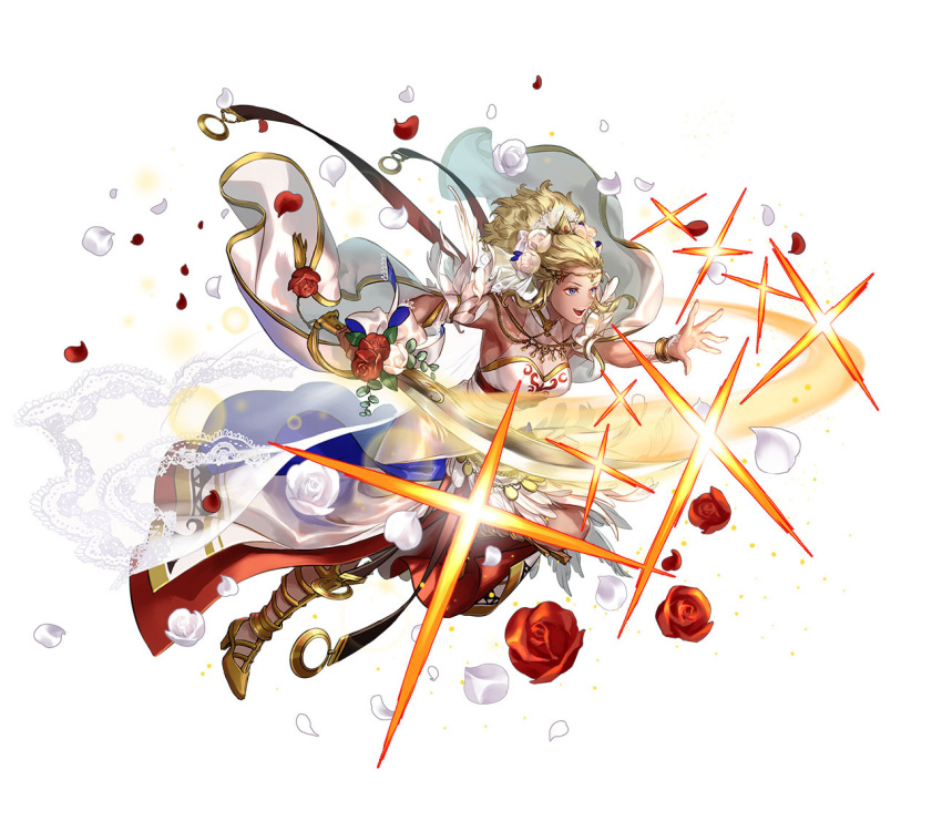 1girl attack boots bouquet breasts bridal_gauntlets bridal_veil circlet cleavage dark-skinned_female dark_skin dress feather-trimmed_dress feather_trim fire_emblem fire_emblem_awakening fire_emblem_heroes flavia_(fire_emblem) flower gold_bracelet gold_footwear high_heel_boots high_heels high_ponytail holding holding_bouquet holding_sword holding_weapon medium_breasts multiple_girls official_alternate_costume official_art open_mouth petals ponytail red_flower rose sidelocks smile sparks sword veil weapon white_background white_dress