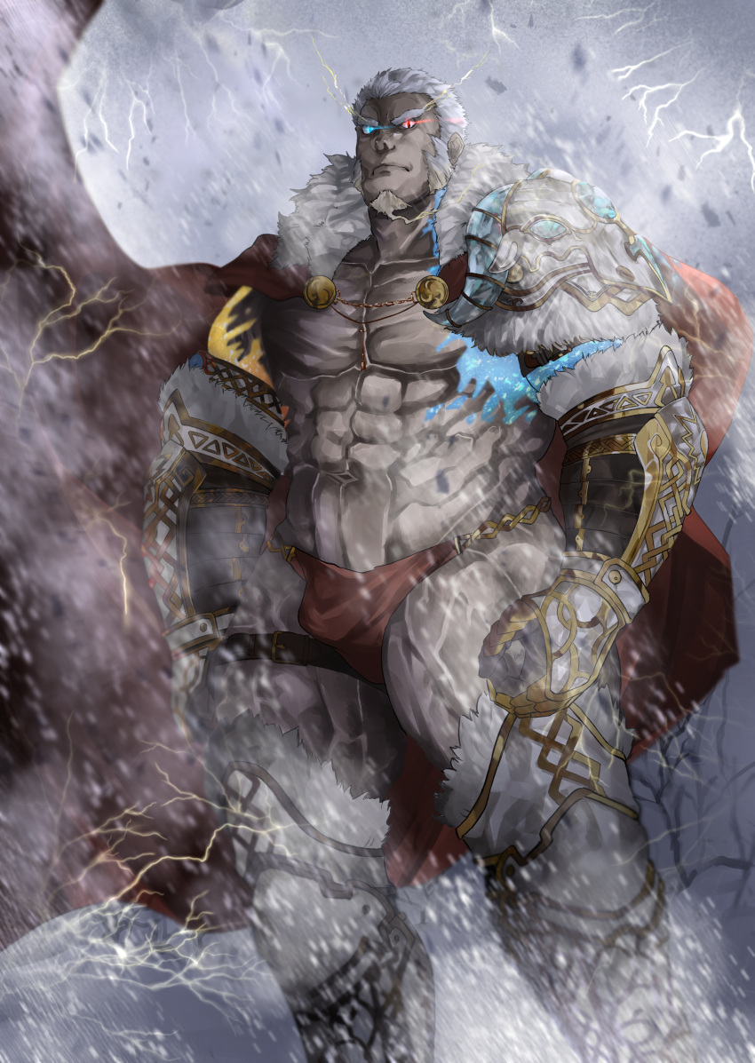 1boy abs absurdres armor bara cape character_request cryokinesis eye_trail facial_hair feet_out_of_frame fur_trim gauntlets glaring goatee gradient_skin highres itaru_(kidomh63) large_pectorals leg_belt light_trail loincloth looking_at_viewer male_focus mature_male mismatched_pupils muscular muscular_male navel pauldrons pectorals red_cape short_hair shoulder_armor shredded_muscles single_pauldron slit_pupils snowing snowstorm solo standing thick_eyebrows thick_thighs thighs thunder tokyo_afterschool_summoners white_armor