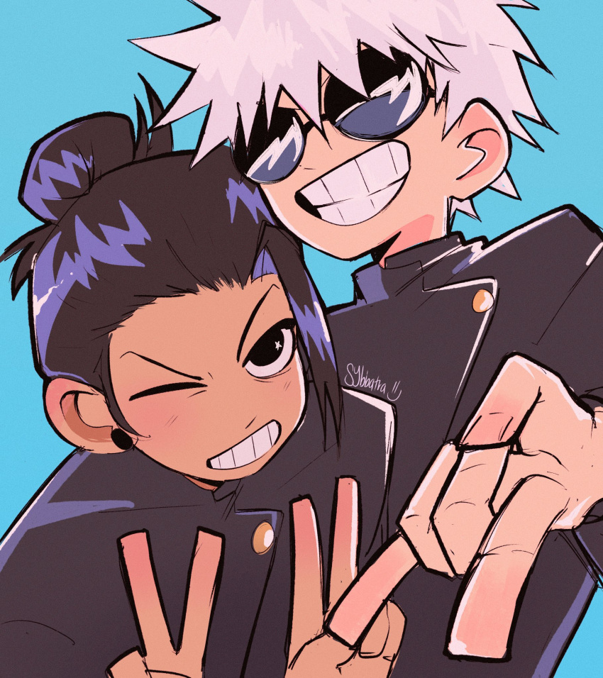 2boys \n/ black_eyes black_hair black_jacket blue_background double_v ear_piercing getou_suguru gojou_satoru grin hair_bun hair_pulled_back hands_up highres jacket jujutsu_kaisen jujutsu_tech_uniform long_sleeves looking_at_viewer male_focus multiple_boys one_eye_closed parody piercing round_eyewear school_uniform scott_pilgrim_(series) scott_pilgrim_takes_off short_hair simple_background smile style_parody sunglasses sybbatra teeth upper_body v v-shaped_eyebrows white_hair