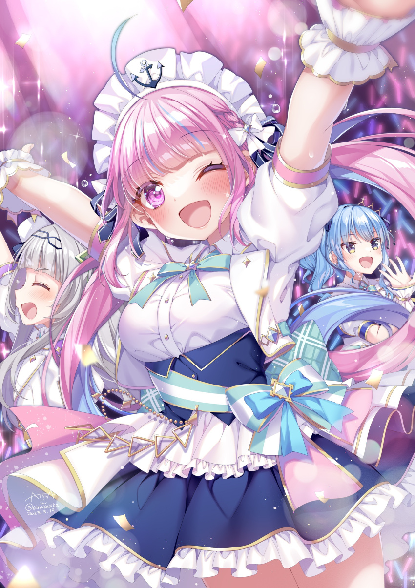 3girls absurdres ahoge anchor_symbol aqua_bow aqua_bowtie arms_up blue_bow blue_dress blue_eyes blue_hair blunt_bangs bow bowtie breasts buttons chain commentary_request confetti cropped_jacket dated dress frilled_dress frills glowstick grey_hair hairband highres hololive hololive_idol_uniform_(bright) hoshimachi_suisei idol idol_clothes jacket jewelry kashiba_aira long_hair maid_headdress medium_breasts minato_aqua multicolored_hair multiple_girls murasaki_shion one_eye_closed open_clothes open_jacket open_mouth outstretched_arms pink_eyes pink_hair ponytail puffy_short_sleeves puffy_sleeves short_sleeves sidelocks signature smile sparkle stage streaked_hair sweat twintails two-tone_hair virtual_youtuber white_bow white_dress white_jacket wrist_cuffs