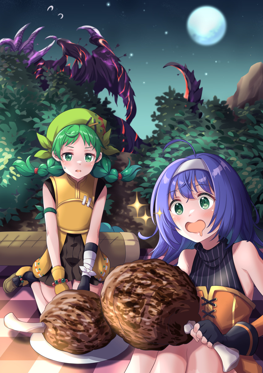 2girls absurdres aged_down armpits arrow_in_body bandana boned_meat braid bush child commission drooling fingerless_gloves fire_emblem fire_emblem:_path_of_radiance fire_emblem:_the_blazing_blade fire_emblem:_the_sacred_stones fire_emblem_heroes fomortiis_(fire_emblem) food full_moon gloves green_eyes green_hair highres meat mia_(fire_emblem) moon mouth_drool multiple_girls nature night official_alternate_costume picnic pleated_skirt purple_eyes rebecca_(fire_emblem) sitting skirt sleeveless tsukachii twin_braids