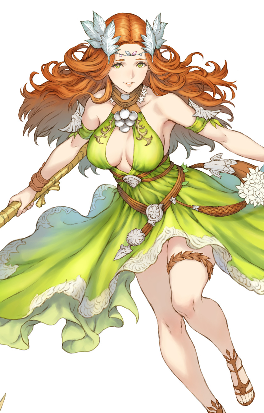 1girl absurdres bare_shoulders breasts cleavage cleavage_cutout clothing_cutout dress final_fantasy final_fantasy_xiv floating_hair forehead green_dress green_eyes hair_ornament halter_dress halterneck highres holding large_breasts lips long_hair looking_at_viewer makimura_shunsuke nophica orange_hair parted_lips pink_lips sandals sideboob simple_background sleeveless sleeveless_dress solo white_background