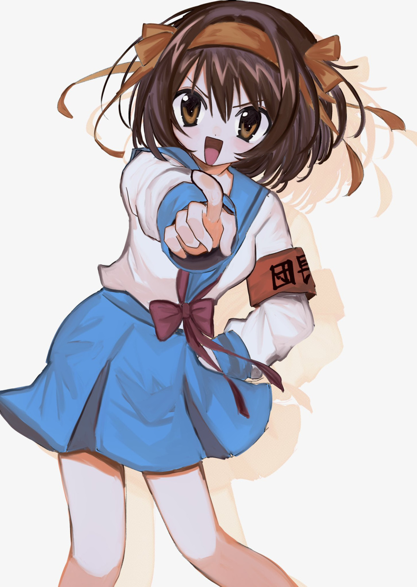 1girl :d armband blue_sailor_collar blue_skirt bob_cut bow bowtie brown_eyes brown_hair feet_out_of_frame hairband highres kita_high_school_uniform long_sleeves looking_at_viewer medium_hair orange_hairband pepeppepe101 pleated_skirt pointing pointing_at_viewer red_armband red_bow red_bowtie red_ribbon ribbon sailor_collar school_uniform serafuku shadow simple_background skirt smile solo suzumiya_haruhi suzumiya_haruhi_no_yuuutsu winter_uniform