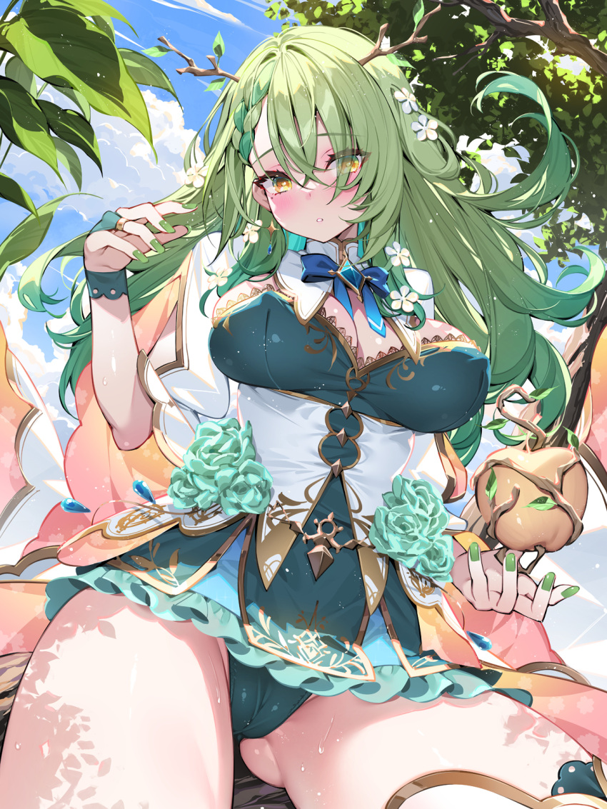 1girl :o antlers apple ass_visible_through_thighs blue_sky braid breasts cameltoe ceres_fauna cleavage cloud day eyes_visible_through_hair fingernails food fruit green_hair green_nails highres hololive hololive_english large_breasts long_hair looking_at_viewer nail_polish outdoors sky solo thighs virtual_youtuber waterring yellow_eyes