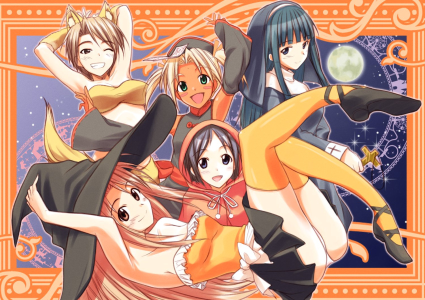 5girls :d adjusting_clothes adjusting_headwear ahoge animal_ear_fluff animal_ears ankle_lace-up aoyama_motoko arm_up armpits bandeau bare_shoulders bindi black_dress black_footwear black_hair black_headwear black_robe black_skirt black_sleeves blonde_hair blue_eyes blue_hair blunt_bangs blush blush_stickers bob_cut border breasts brown_eyes brown_hair cape china_dress chinese_clothes circle cleavage closed_mouth commentary cosplay costume cross dark-skinned_female dark_skin detached_sleeves drawstring dress english_commentary everyone fake_animal_ears flats foot_up framed frills frog_button full_moon gradient_sky green_eyes grin habit hair_ribbon hair_up halloween halloween_costume hat holding holding_cross hood hood_up jiangshi jiangshi_costume kaolla_su konno_mitsune large_breasts light_brown_hair little_red_riding_hood little_red_riding_hood_(grimm) little_red_riding_hood_(grimm)_(cosplay) long_hair looking_at_viewer looking_to_the_side love_hina lying maehara_shinobu mandarin_collar medium_breasts midriff miniskirt moon multiple_girls narrowed_eyes narusegawa_naru night night_sky nirap nun ofuda on_back one_eye_closed open_mouth orange_border orange_ribbon outside_border outstretched_arm panties pantyshot parted_bangs pom_pom_(clothes) qing_guanmao red_cape ribbon robe shirt shoes short_hair skindentation skirt sky sleeveless sleeveless_shirt small_breasts smile star_(sky) starry_sky strapless strapless_shirt stretching tail thighhighs tube_top twintails underwear very_long_hair very_short_hair werewolf_costume white_panties wide_sleeves witch witch_hat wolf_ears wolf_tail yellow_bandeau yellow_sleeves yellow_thighhighs