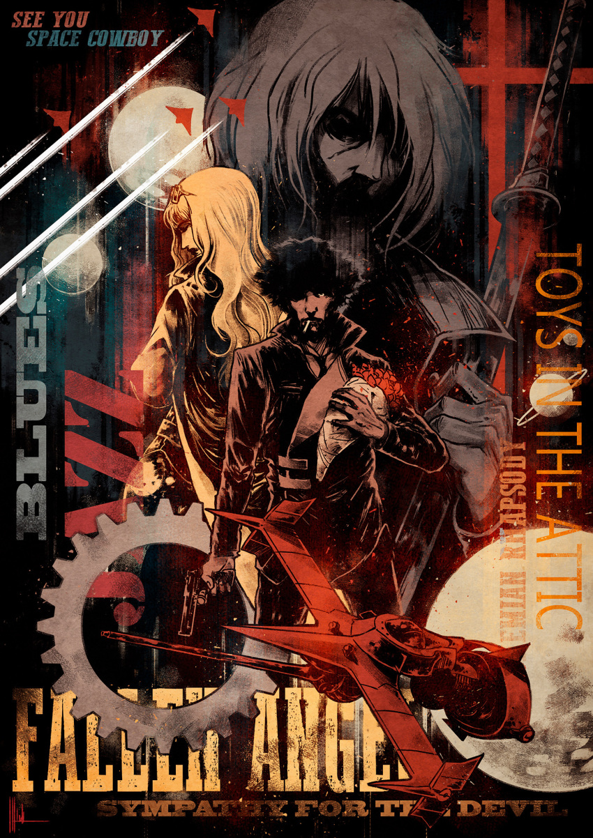 1girl 2boys black_hair black_necktie blonde_hair bouquet cigarette closed_eyes closed_mouth cowboy_bebop english_text eyewear_on_head flower formal full_moon grey_hair gun highres holding holding_bouquet holding_gun holding_sword holding_weapon julia_(cowboy_bebop) long_hair looking_at_viewer luca_merli medium_hair moon multiple_boys necktie one_eye_covered short_hair spike_spiegel spiked_hair sword swordfish_ii vicious_(cowboy_bebop) weapon