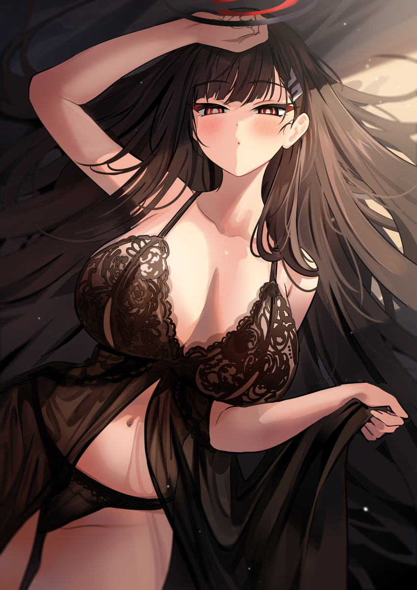 1girl absurdres arm_up babydoll bare_arms bare_shoulders black_babydoll black_hair black_panties blue_archive blush breasts cleavage collarbone commentary hair_ornament halo highres large_breasts lingerie long_hair looking_at_viewer lying navel on_back panties red_eyes rio_(blue_archive) symbol-only_commentary underwear yuki_(asayuki101)