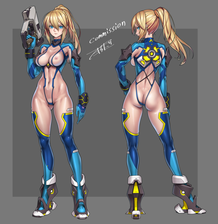 1girl adapted_costume ass blonde_hair blue_eyes blue_leotard breasts commission covered_navel covered_nipples from_behind full_body grey_background gun handgun heel-less_heels high_heels highleg highleg_leotard highres holding holding_gun holding_weapon impossible_clothes impossible_leotard leotard long_hair looking_at_viewer looking_back medium_breasts metroid mole mole_under_mouth multiple_views navel nipples ponytail samus_aran see-through see-through_leotard shiny_clothes sidelocks skeb_commission skin_tight standing takada_kazuhiro weapon zero_suit