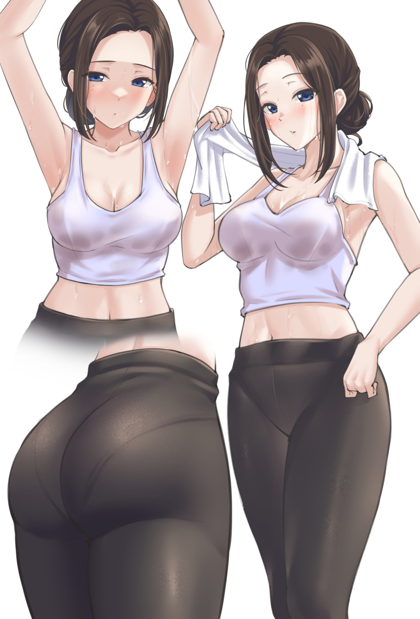 1girl absurdres alternate_hairstyle armpits arms_up ass bang_dream! bare_arms bare_shoulders black_pants blue_eyes blush breasts brown_hair cleavage closed_mouth collarbone commentary_request crop_top cropped_legs cropped_torso feet_out_of_frame from_behind hair_bun hand_on_hip hand_up highres holding holding_towel looking_at_viewer lower_body medium_breasts midriff multiple_views navel pants pantylines parted_bangs parted_lips ptal short_hair sidelocks simple_background single_hair_bun standing stomach sweat tank_top towel upper_body wakana_rei white_background white_tank_top yoga_pants