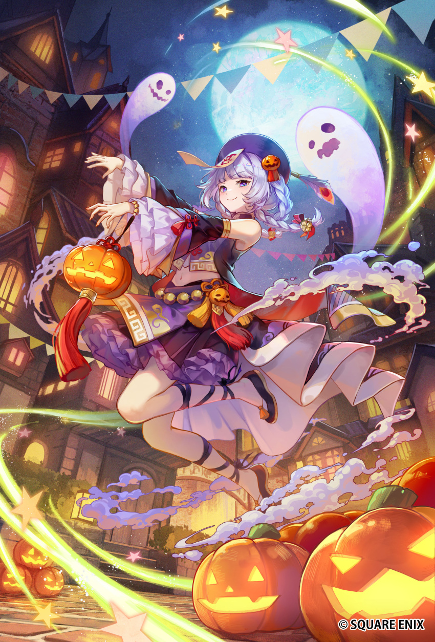 absurdres blue_hair blush braid character_request chinese_clothes dress frilled_dress frills ghost hair_ornament hair_rings halloween halloween_costume happy_halloween hat hat_ornament highres jack-o'-lantern jack-o'-lantern_hair_ornament jiangshi jiangshi_costume kyusoukyu light_blue_hair looking_at_viewer moon official_art ofuda outstretched_arms pumpkin purple_dress purple_headwear qing_guanmao romancing_saga_re;universe smile talisman zombie_pose