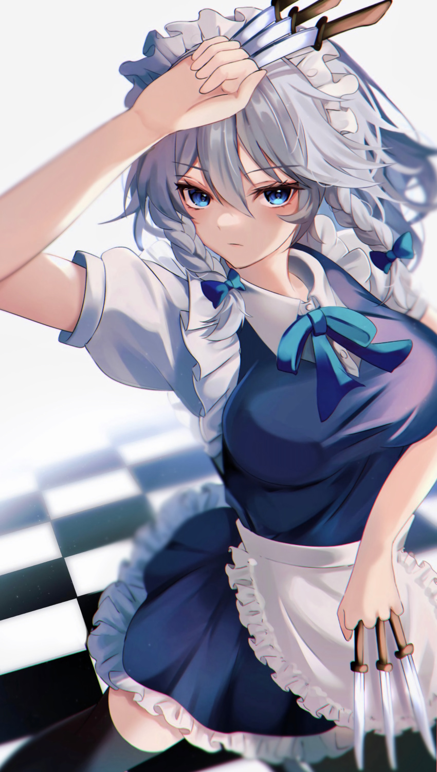 absurdres apron arm_above_head black_thighhighs blue_dress blue_eyes bow braid breasts checkered_floor collar dress expressionless frilled_dress frills from_above grey_hair highres holding holding_knife izayoi_sakuya knife knives_between_fingers large_breasts looking_at_viewer maid maid_apron maid_headdress neck_ribbon puffy_short_sleeves puffy_sleeves ribbon short_sleeves thighhighs touhou twin_braids user_dmug7842 waist_apron white_apron