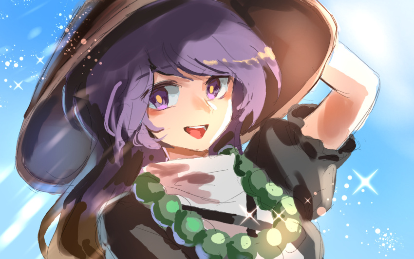 1girl arm_behind_head beads blue_sky bright_pupils brown_hair brown_headwear commentary_request day hat hemo_(hemoroda) hijiri_byakuren long_hair multicolored_hair open_mouth prayer_beads puffy_short_sleeves puffy_sleeves purple_eyes purple_hair shirt short_sleeves sketch sky smile solo sparkle touhou white_shirt yellow_pupils