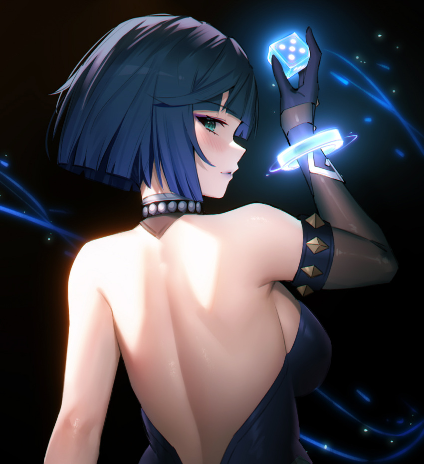 1girl 95--- backless_dress backless_outfit bare_shoulders black_gloves black_hair blue_hair blunt_ends bob_cut bracelet commentary_request dark_background dice dress elbow_gloves genshin_impact gloves gradient_hair green_eyes highres holding_dice jewelry looking_at_viewer looking_back multicolored_hair purple_lips short_hair single_elbow_glove solo upper_body yelan_(genshin_impact)