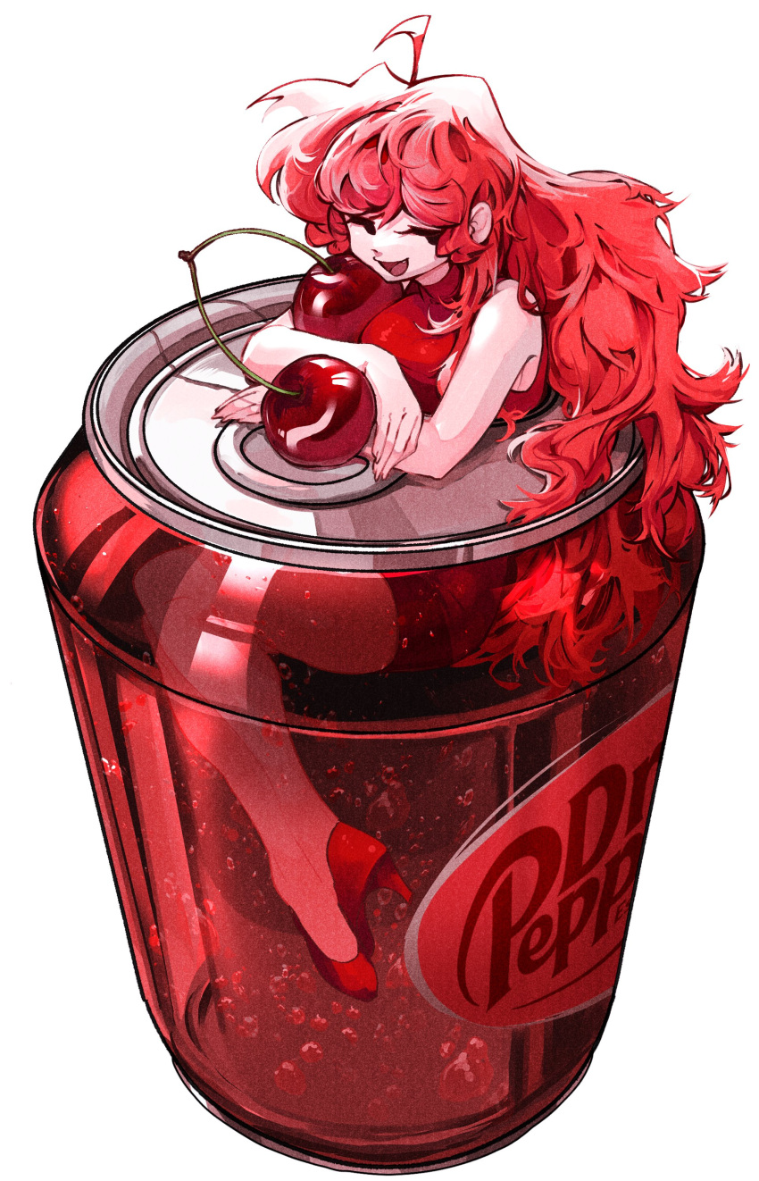 1girl absurdres breasts can cherry closed_eyes colored_skin dr_pepper food friday_night_funkin' fruit girlfriend_(friday_night_funkin') highres large_breasts long_hair ohyaholla open_mouth pink_skin red_hair red_theme smile