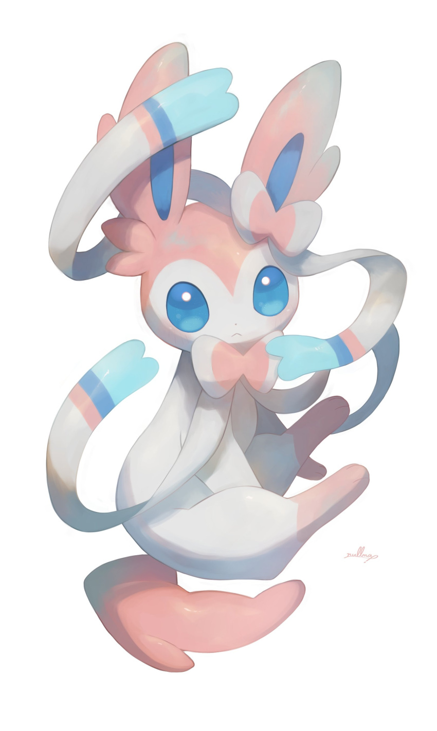 absurd_res ambiguous_gender blue_eyes blue_inner_ear blush bow_(anatomy) colored digital_media_(artwork) digital_painting_(artwork) eeveelution feral fur generation_6_pokemon hair_bow_(anatomy) hi_res leg_markings looking_at_viewer markings monotone_ears monotone_tail multicolored_body multicolored_fur neck_bow_(anatomy) nintendo nullma pink_body pink_ears pink_fur pink_tail pokemon pokemon_(species) quadruped ribbons_(anatomy) signature simple_background socks_(marking) solo sylveon tail two_tone_body two_tone_fur white_background white_body white_fur