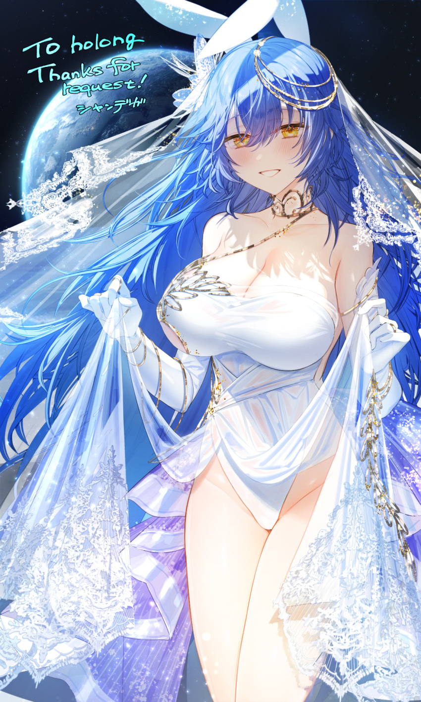 1girl animal_ears bare_shoulders blue_eyes breasts cleavage clothes_lift collarbone commentary_request commission cowboy_shot dress dress_lift earth_(planet) elbow_gloves english_text gloves grin hair_ornament highleg highleg_panties highres lace lace-trimmed_dress lace-trimmed_veil lace_trim large_breasts long_hair looking_at_viewer original panties planet rabbit_ears skeb_commission smile solo syandega underwear very_long_hair white_dress white_gloves white_panties white_veil yellow_eyes
