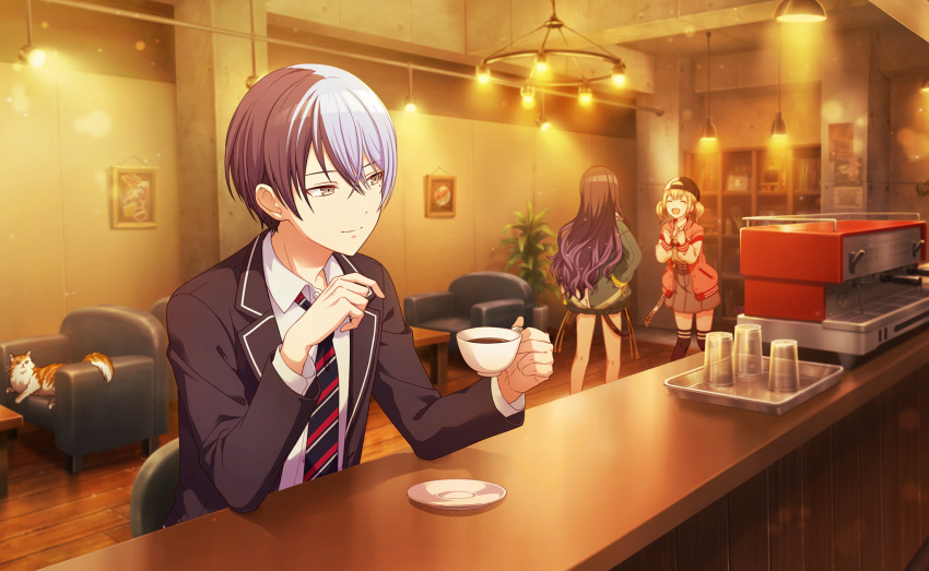 1boy 2girls :q aoyagi_touya azusawa_kohane baseball_cap black_hair black_jacket blazer blonde_hair blue_hair cat chair closed_eyes closed_mouth coffee collared_shirt colorful_palette cup dark_blue_hair dot_nose gradient_hair grey_eyes hair_between_eyes hat highres holding holding_cup indoors itsuka_senaka_awase_no_lyric_o_(project_sekai) jacket kamiyama_high_school_uniform_(project_sekai) lapels lights lona long_hair mole mole_under_eye multicolored_hair multiple_girls necktie notched_lapels official_art open_clothes open_collar open_jacket open_mouth picture_frame plant potted_plant project_sekai school_uniform shelf shiraishi_an shirt short_hair short_twintails shorts skirt split-color_hair standing striped_necktie table thighhighs third-party_source tongue tongue_out twintails two-tone_hair upper_body white_shirt