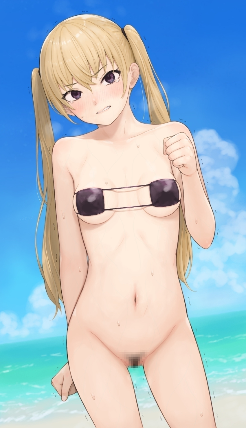 1girl beach bikini bikini_top_only black_bikini black_eyes blonde_hair bottomless breasts censored clenched_hands collarbone commentary_request cowboy_shot female_pubic_hair highres long_hair looking_at_viewer mosaic_censoring navel nude ocean original plus_step pubic_hair scowl small_breasts solo standing sweat swimsuit tears trembling twintails water