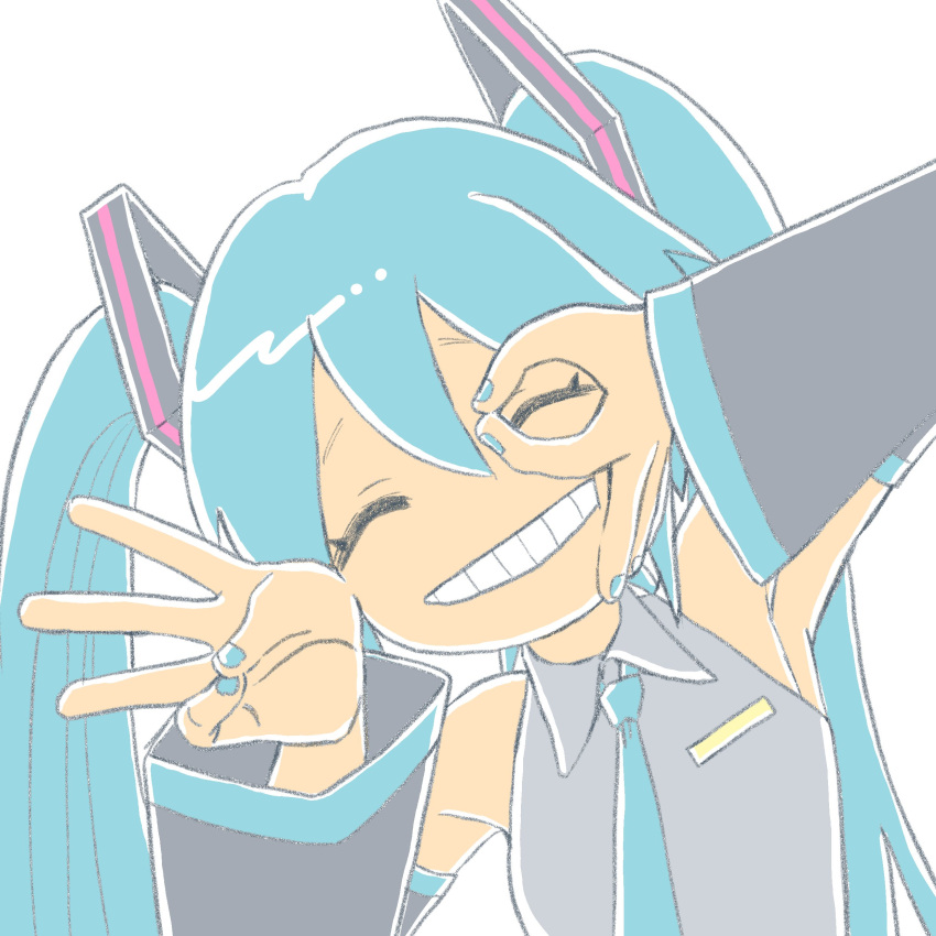 1girl 39 ^_^ absurdres arm_up armpits bashauma_kaede black_sleeves blue_hair blue_nails blue_necktie closed_eyes collared_shirt commentary_request detached_sleeves facing_viewer finger_counting grey_shirt grin hair_ornament hand_up hatsune_miku highres leaning_to_the_side long_sleeves necktie ok_sign ok_sign_over_eye raised_eyebrows shirt sleeveless sleeveless_shirt smile solo twintails upper_body vocaloid white_background
