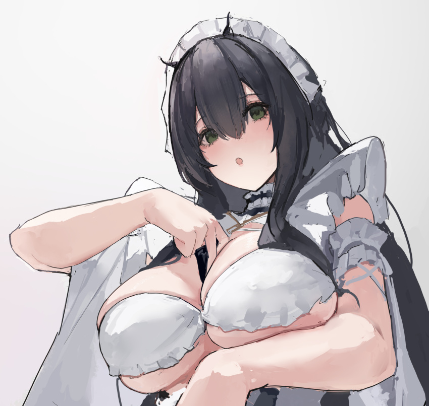 1girl arm_under_breasts azur_lane black_hair breasts cleavage green_eyes hair_between_eyes highres indomitable_(azur_lane) indomitable_(ms._motivationless_maid)_(azur_lane) large_breasts long_hair looking_at_viewer lump_saury maid_headdress official_alternate_costume simple_background solo upper_body white_background