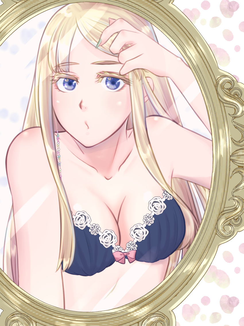 1girl absurdres bra breasts cleavage highres long_hair looking_at_mirror looking_at_viewer mirror solo underwear