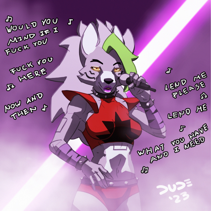 2023 5_fingers accessory animatronic anthro armband artist_name bangs belt bottomwear bracelet breasts canid canine canis cheek_tuft clothed clothing collar crop_top dialogue digital_drawing_(artwork) digital_media_(artwork) dudles eyebrows facial_markings facial_tuft female fingers five_nights_at_freddy's five_nights_at_freddy's:_security_breach fog glowing glowing_eyes green_hair hair half-closed_eyes hand_on_hip head_markings hi_res holding_object jewelry light light_beam lips lipstick long_hair looking_at_viewer machine makeup mammal markings medium_breasts microphone multicolored_body multicolored_clothing multicolored_hair musical_note nails narrowed_eyes navel number pattern_clothing profanity purple_armband purple_body purple_hair purple_lips purple_lipstick red_bottomwear red_clothing red_crop_top red_shorts robot roxanne_wolf_(fnaf) scottgames shirt shorts singing snout solo spiked_bracelet spiked_collar spikes steel_wool_studios striped_clothing stripes topwear tuft white_body wolf yellow_eyes